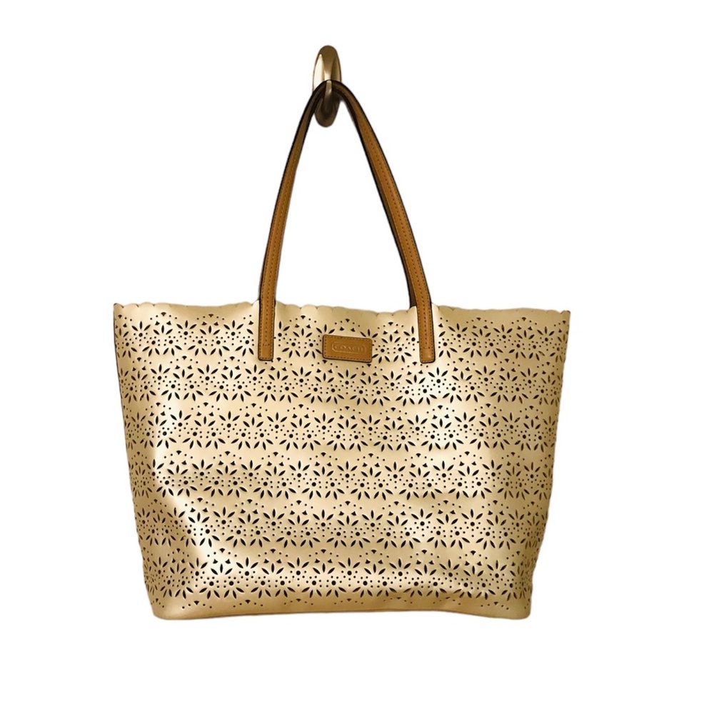 #006. COACH Metro Eyelet Perforated Tote - metallic cream & tan leather handles
